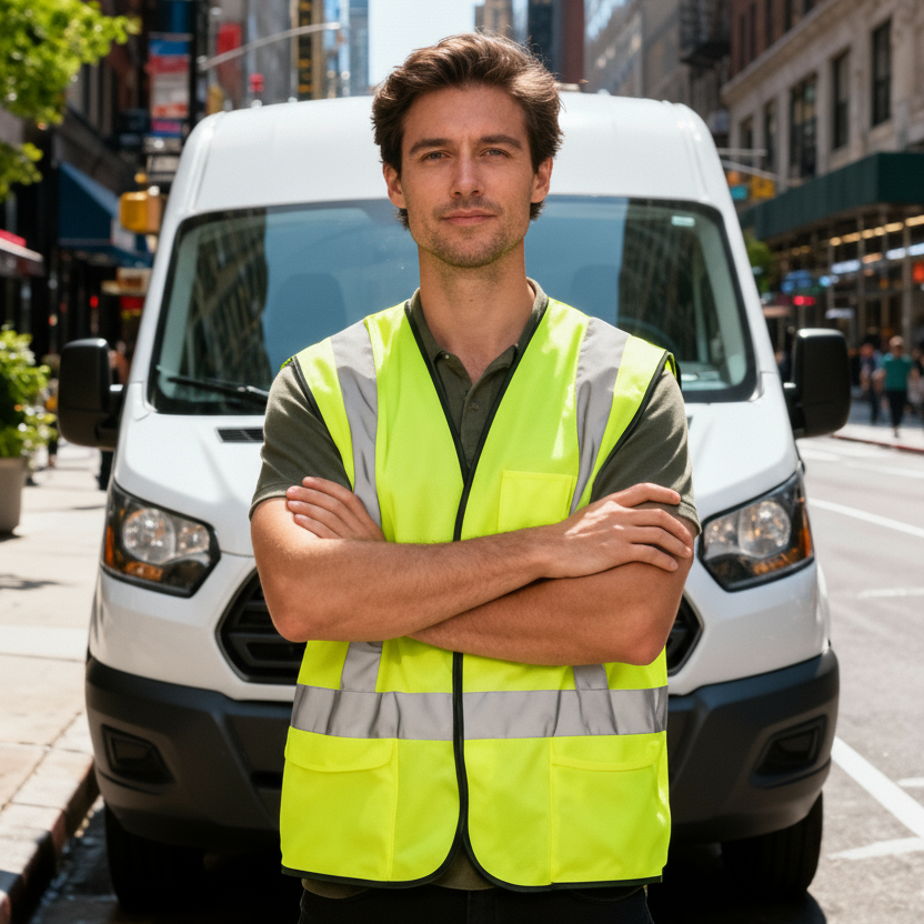 Professioneller Logistikmitarbeiter vor Lieferfahrzeug im Stadtverkehr